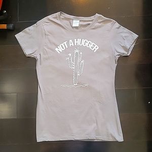 Grey t-shirt that says not a hugger with a cactus small